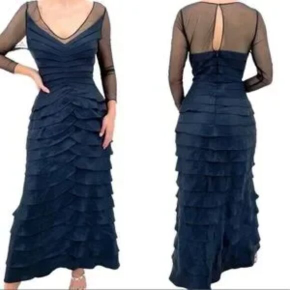 Adrianna Papell Gown Formal Grey Metallic Shutter Pleat Illusion Bodice Size 6P - Picture 3 of 15